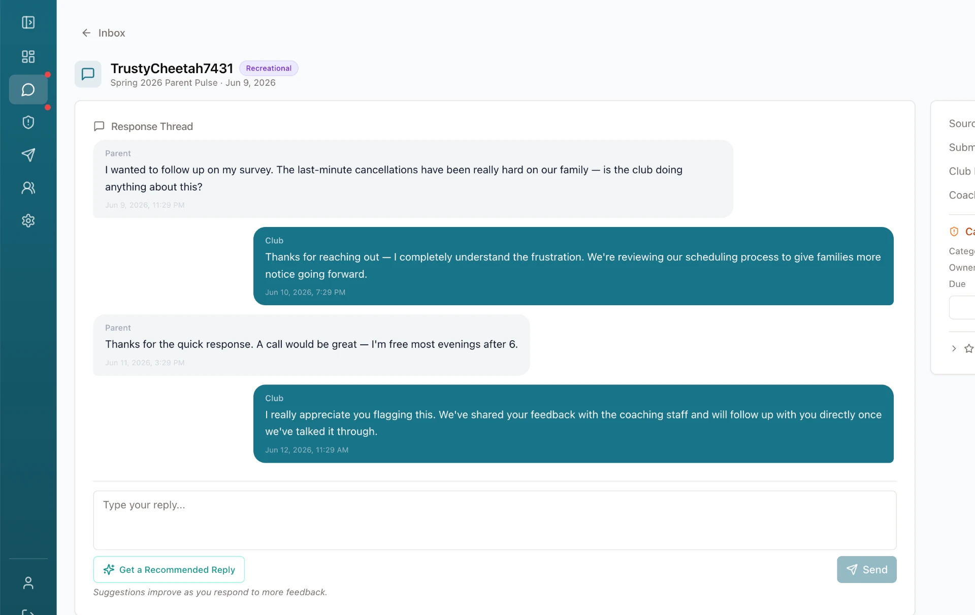 ClubSat two-way messaging thread between an anonymous parent and the club, with AI recommended replies