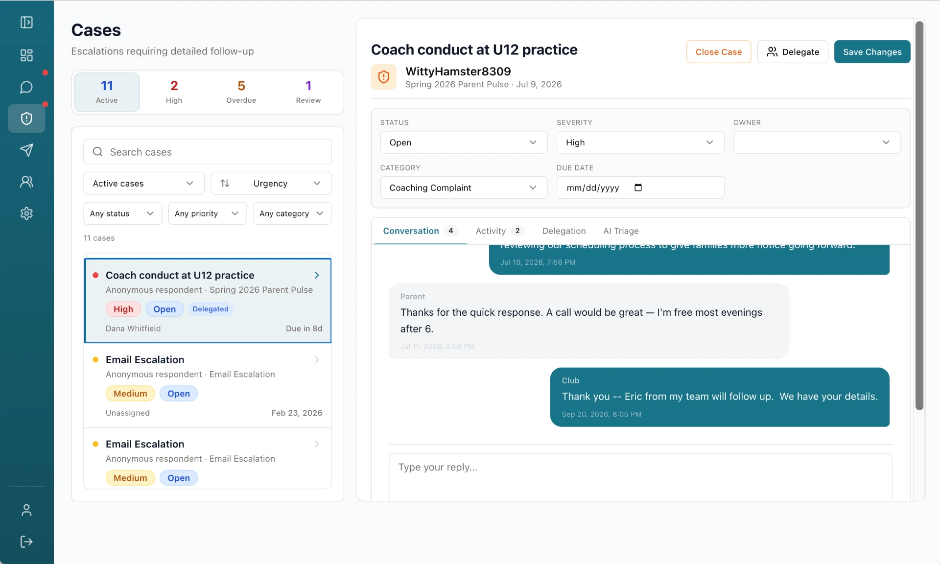 ClubSat Case Management showing a case list with status, priority, and delegation next to an open case conversation